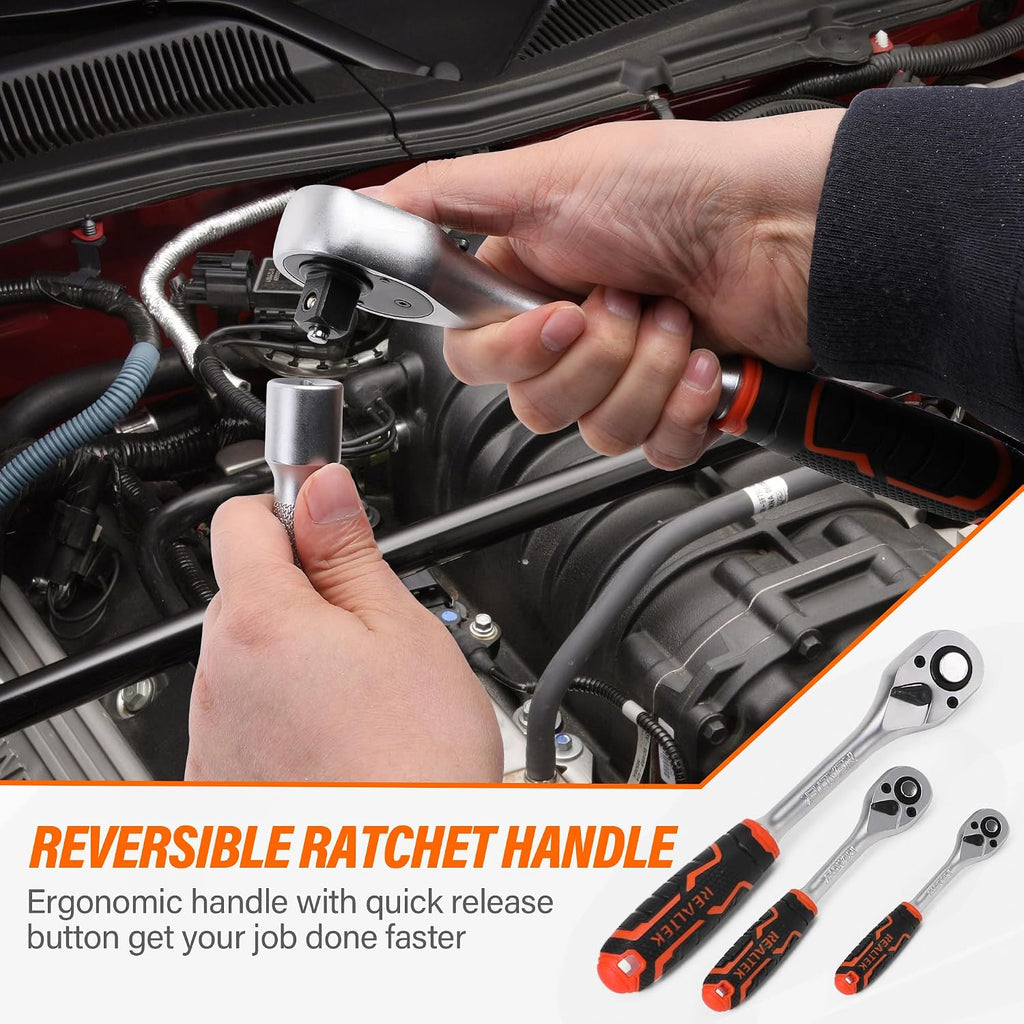 REALTEK 178 Pieces Socket Wrench Set 1/4'3/8'1/2',CR-V Metric Wrench Set with Extension Bar,Quick-Release Ratchet Wrench with Bit Socket Set for Auto Repairing,Household and Workshop,Durable Tool Box