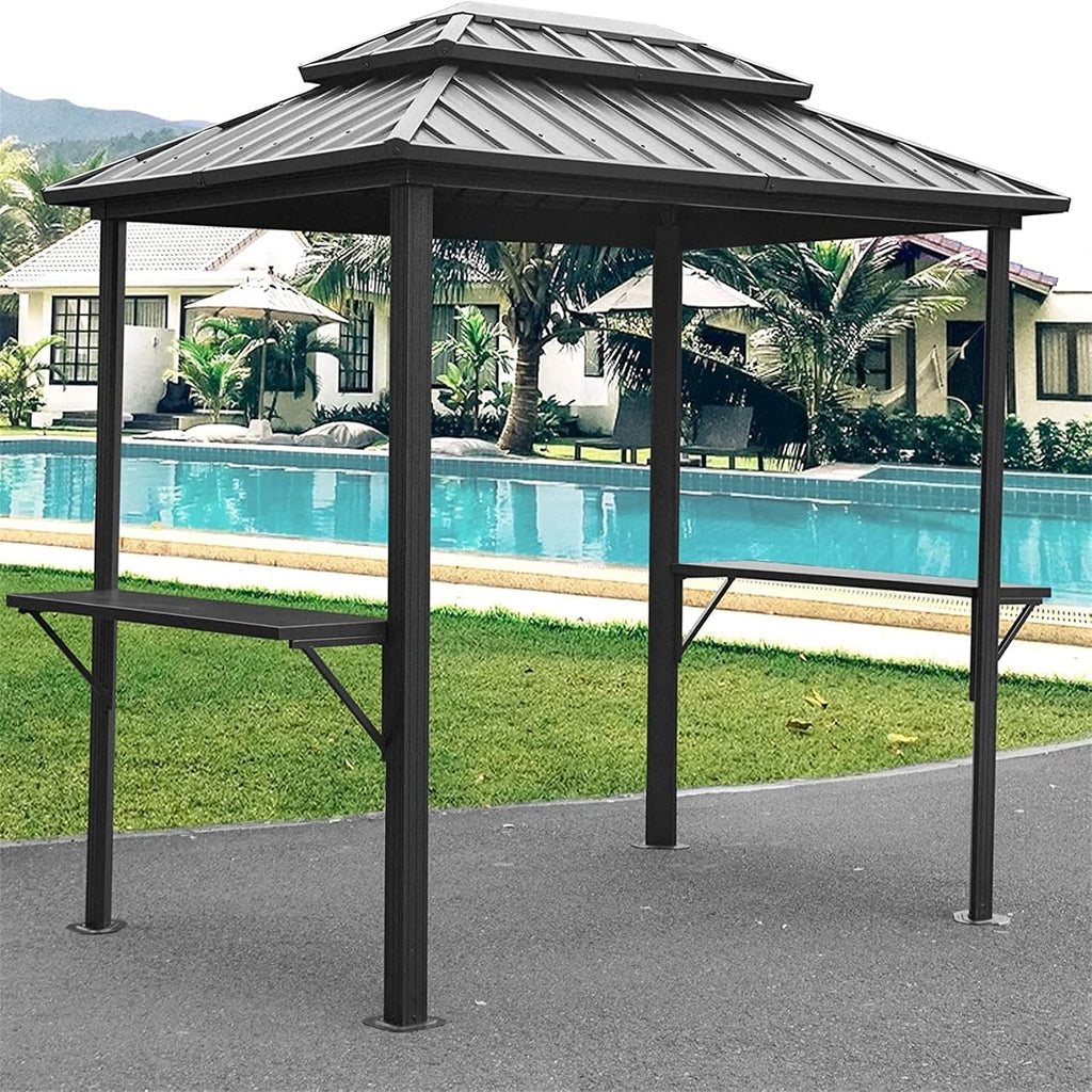 8'X6' Grill Gazebo Hardtop, Steel Grill Gazebo with Two Shelves Serving Tables, Permanent Double Roof Hard Top Gazebo, Heavy Duty Aluminum BBQ Gazebo for Patio, Deck, Backyard and Garden (Grey)