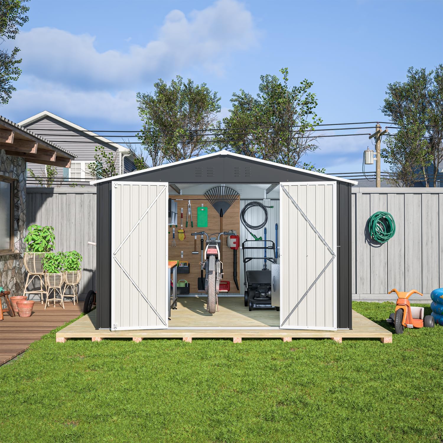 Outdoor Storage Shed 10x12 FT, Metal Tool Storage with Lockable Doors and Reinforced Frame, Black