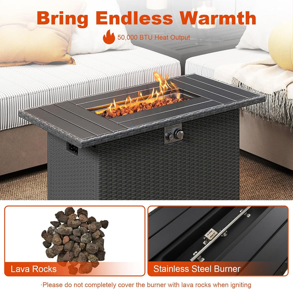 Tangkula 44.5 Inch Propane Fire Pit Table, Outdoor Rattan Gas Firepit with Metal Slatted Tabletop & Stainless Steel Burner, Rectangle Fire Pit with Lava Rocks & Protective Cover for Outside Patio