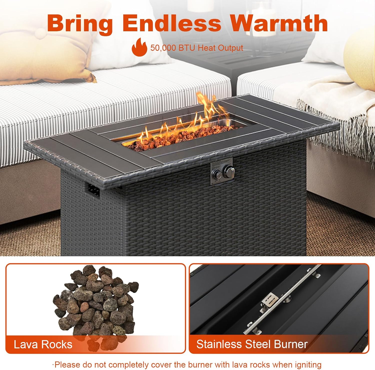 Tangkula 44.5 Inch Propane Fire Pit Table, Outdoor Rattan Gas Firepit with Metal Slatted Tabletop & Stainless Steel Burner, Rectangle Fire Pit with Lava Rocks & Protective Cover for Outside Patio