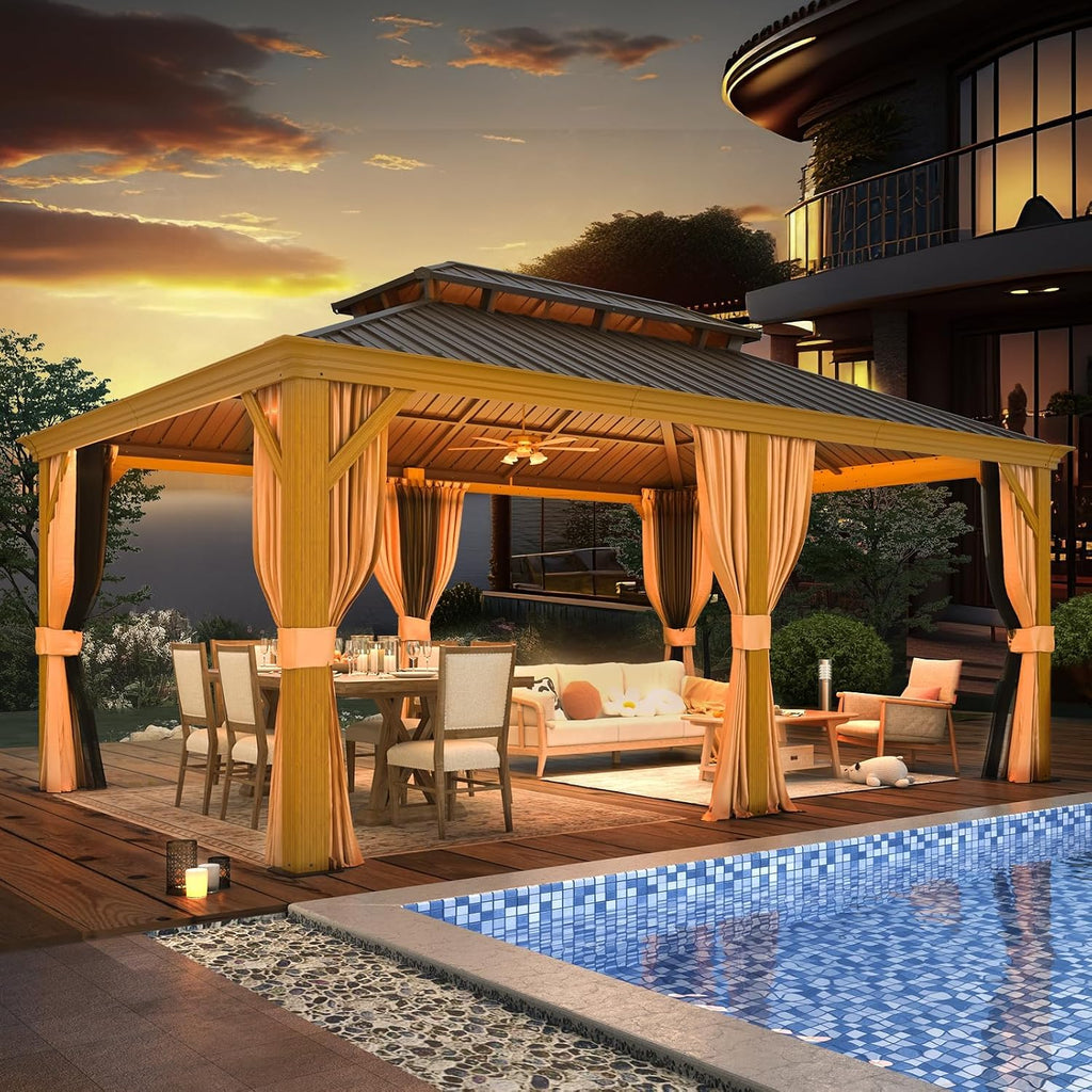 YOLENY 12'x18' Hardtop Gazebo, Wood Grain Aluminum Frame with Galvanized Steel Double Roof and Water Gutter, Outdoor Permanent Metal Pavilion with Curtains and Nettings for Patios, Gardens and Lawns