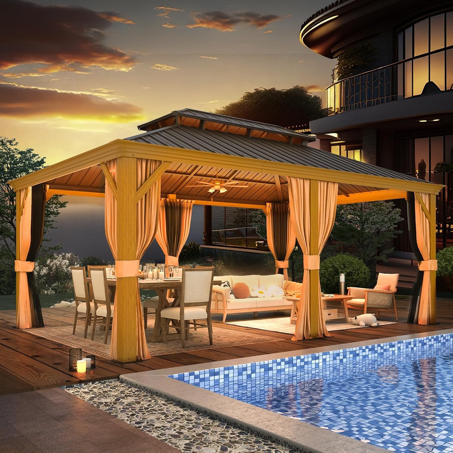 YOLENY 12'x18' Hardtop Gazebo, Wood Grain Aluminum Frame with Galvanized Steel Double Roof and Water Gutter, Outdoor Permanent Metal Pavilion with Curtains and Nettings for Patios, Gardens and Lawns