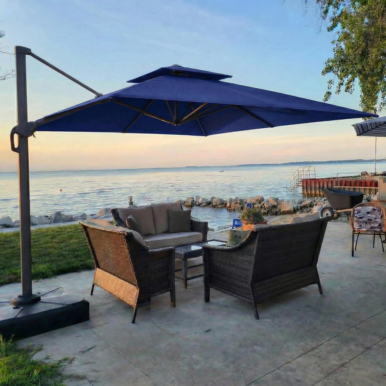 Hoteel 10ft Patio Umbrella Heavy Duty Aluminum Windproof & Shade Provision Outdoor Cantilever Double Top Offset Large Umbrella with 360°Rotation for Patio Pool Deck Gazebo, Dark Blue