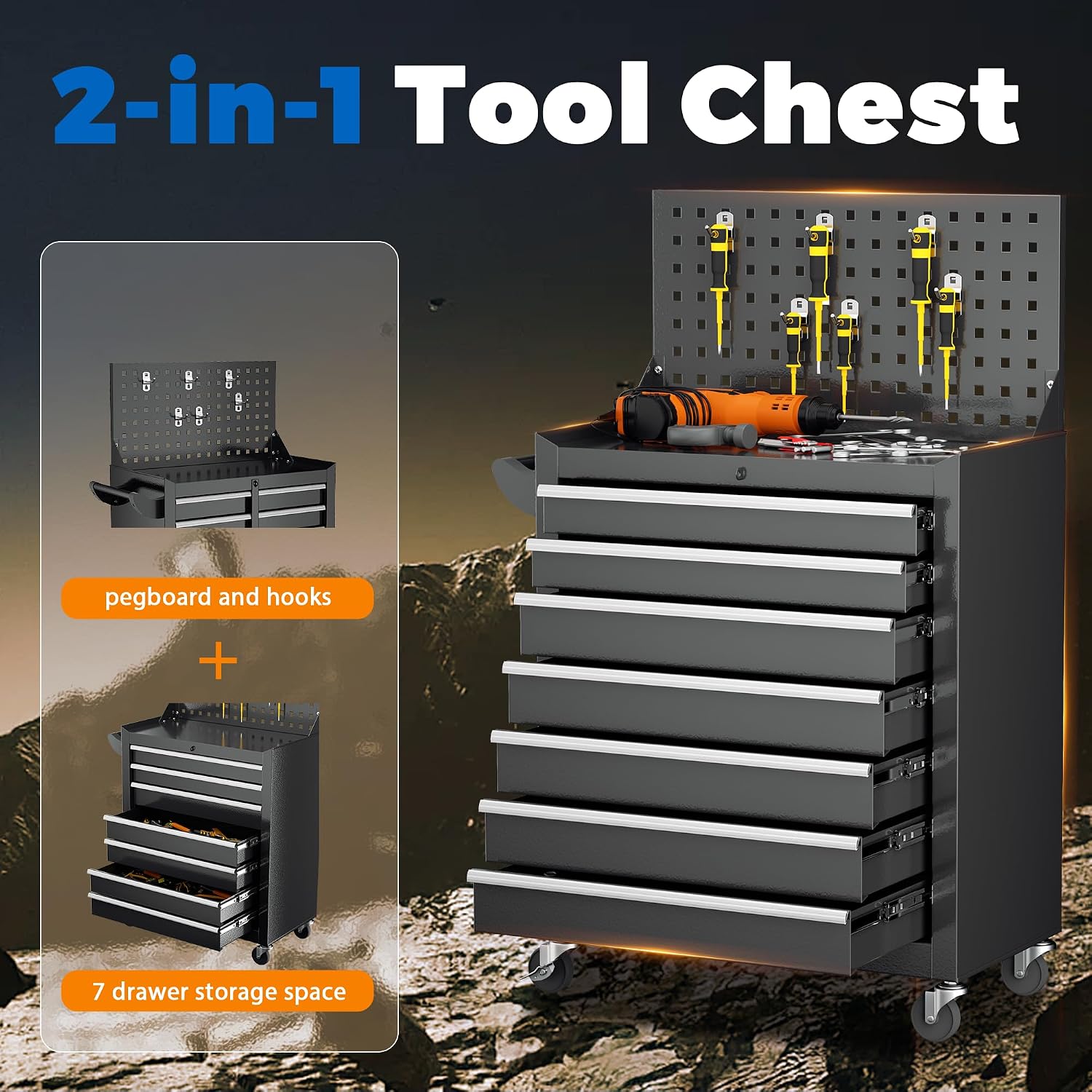 INTERGREAT 7 Drawers Rolling Tool Box with Pegboard,Portable Tool Chest with Wheels, Tool Box Organizer with Locking System for Garage(Black)