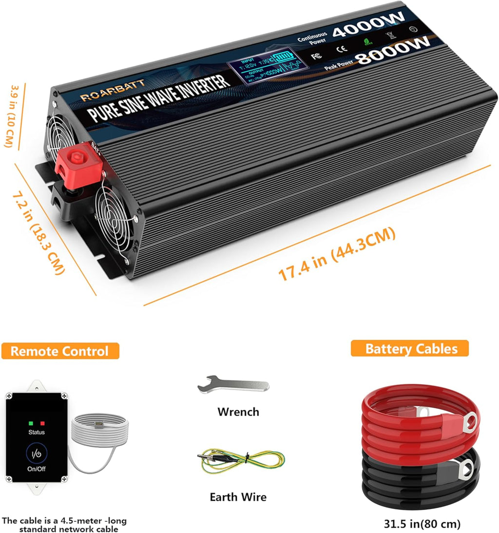 4000W Pure Sine Wave Power Inverter 12V DC to 110V/120V AC, 8000W Peak with Remote Control, 4 AC Outlets, Dual USB, LED Display, Heavy Duty Converter for RV, Truck, Solar System, Off-Grid & Emergency