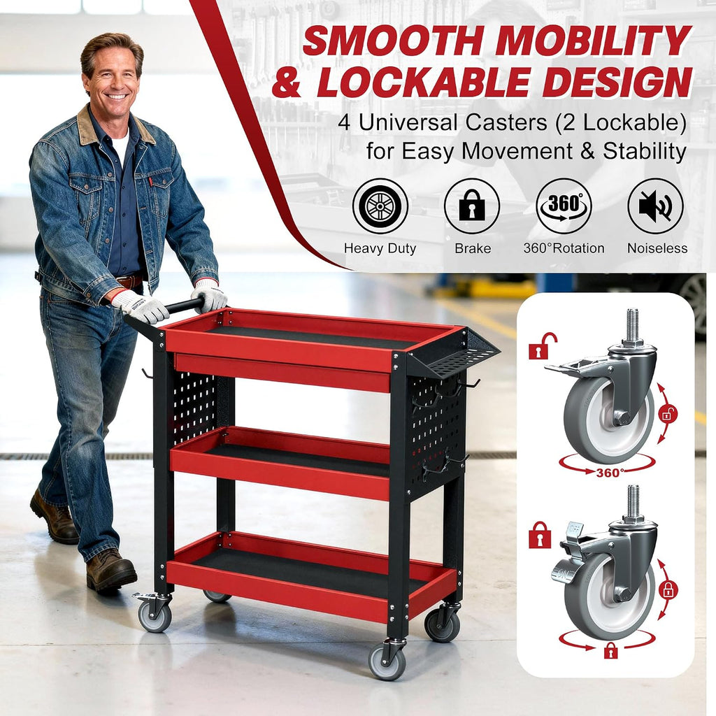 3 Tier Tool Cart on Wheels, Heavy Duty Metal Rolling with Drawers and Pegboards, 660 LBS Load Capacity Tool Storage Cart, Industrial Utility for Garage, Warehouse, Workshop