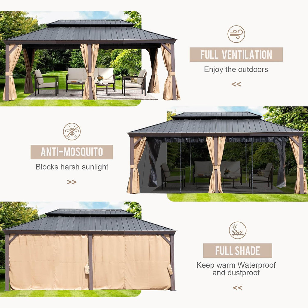 12'x18' Hardtop Gazebo with Netting and Curtains, Outdoor Aluminum Frame Pergola, Heavy Duty Metal Double Roof of Galvanized Steel Pavilion for Patio, Backyard, Deck, Lawns