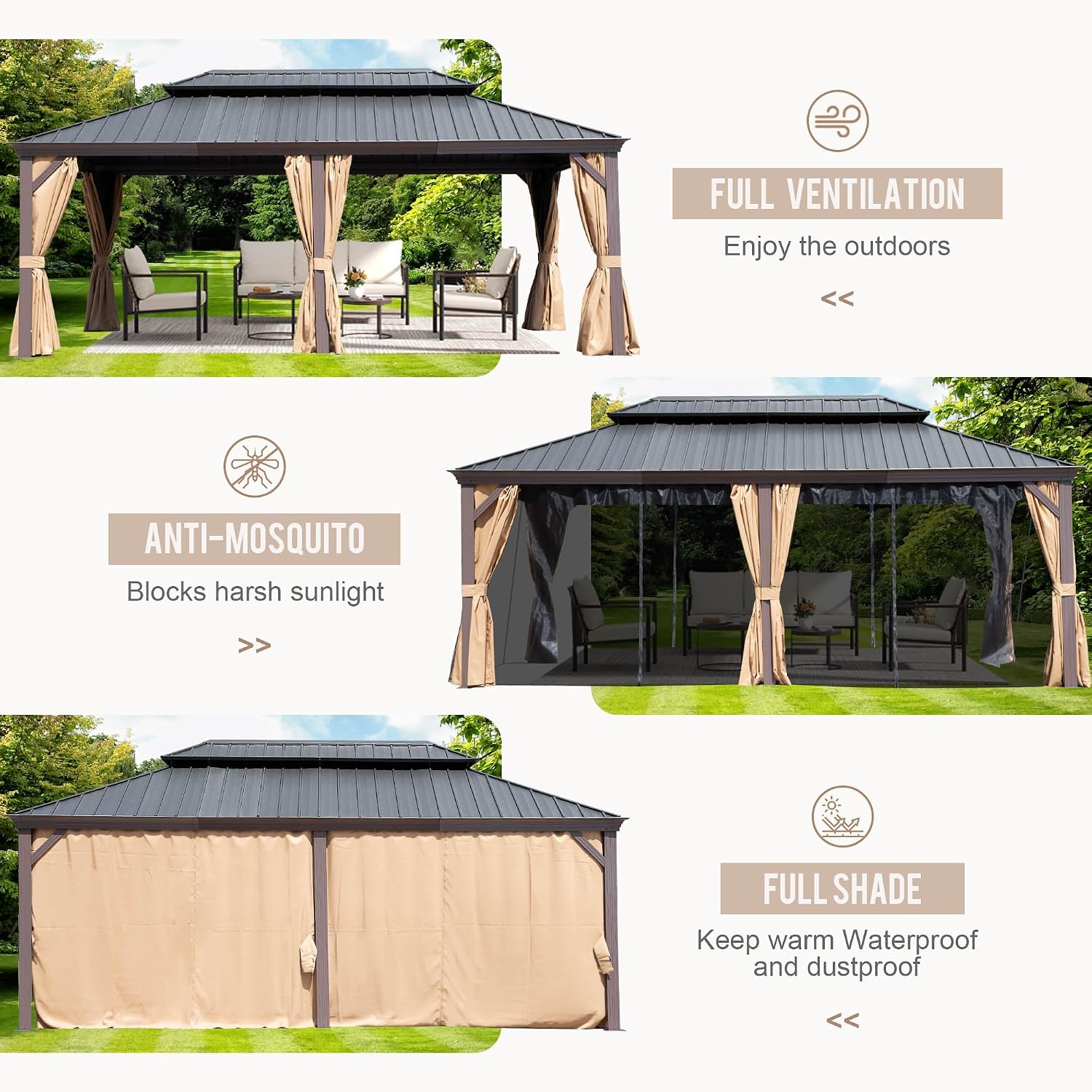12'x18' Hardtop Gazebo with Netting and Curtains, Outdoor Aluminum Frame Pergola, Heavy Duty Metal Double Roof of Galvanized Steel Pavilion for Patio, Backyard, Deck, Lawns