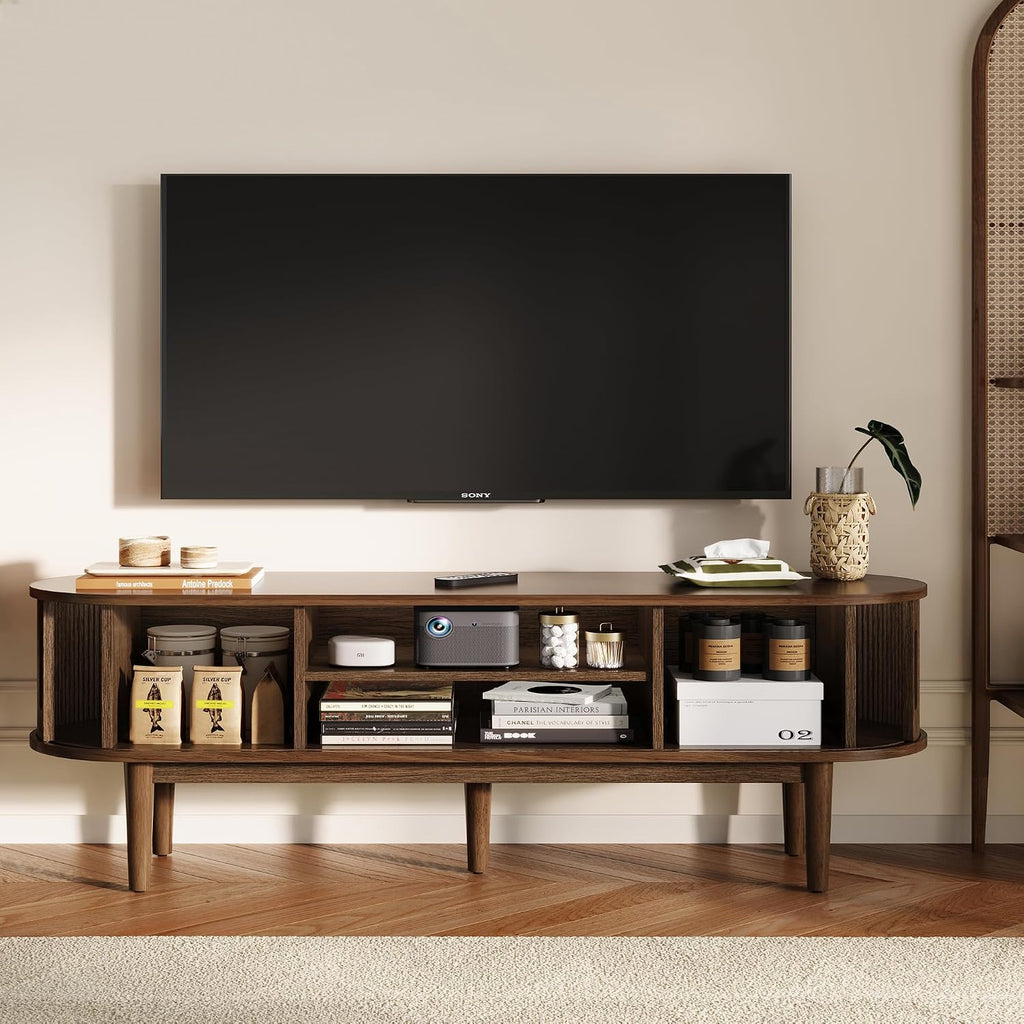 LINSY HOME 58' Fluted TV Stand for TVs up to 65 Inch, Mid Century Modern Entertainment Center with Storage Cabinet and Sliding Doors, Farmhouse Wood Media TV Console for Living Room, Bedroom, Walnut
