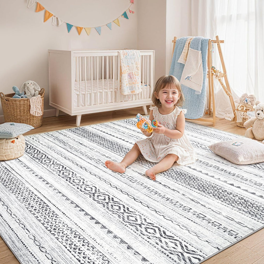 kakania 9x12 Washable Area Rug: Non Slip Soft Thin Carpet, Boho Geometric Modern Decor, Easy Clean Indoor Floor Large Rugs for Living Room Bedroom Kids Dorm Office Dining - Square Grey