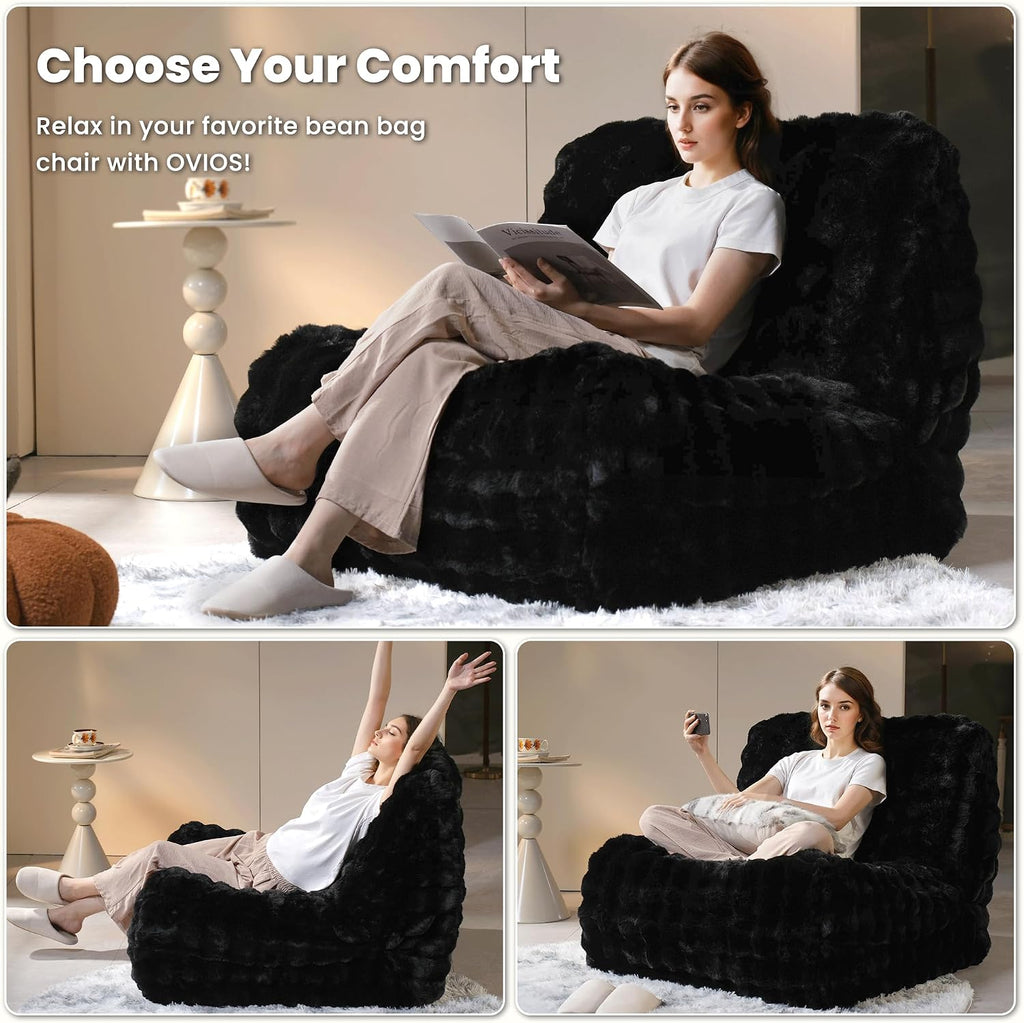 ovios Bean Bag Chair for Adult, Giant Beanbag with Plush Faux Fur, Comfy Large Big Lounger Floor Lazy Chair for Indoor Fireside Living Room Bedroom Dorm, Black
