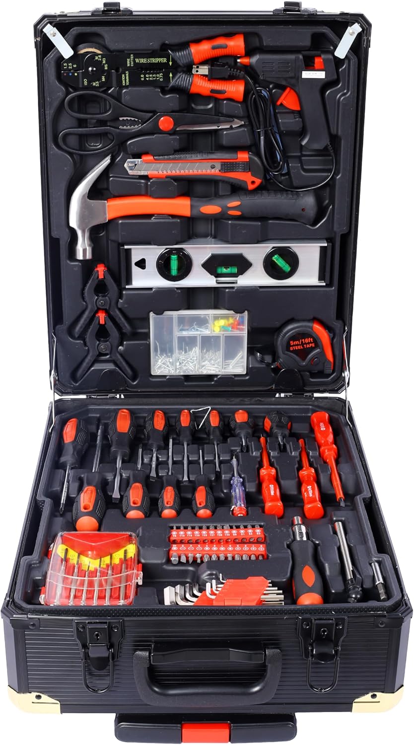 969pcs Aluminum Trolley Case Tool Set Toolbox Storage Case General Household Tool Kit - Perfect for Homeowner with Tool Belt,Gift on Father's Day (Black) tool box with wheels