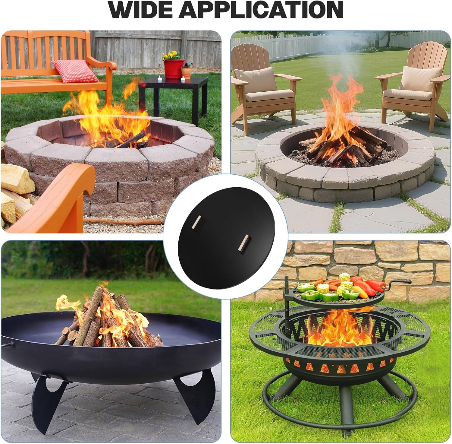 Fire Pit Lid Cover Round - 38' Rust Resistant Powder Coated Steel Firepit Cover or Table with 2 Wooden Handles for Patio Fire Pit, Weatherproof for All Seasons, Fits Fire Pits Up to 36'