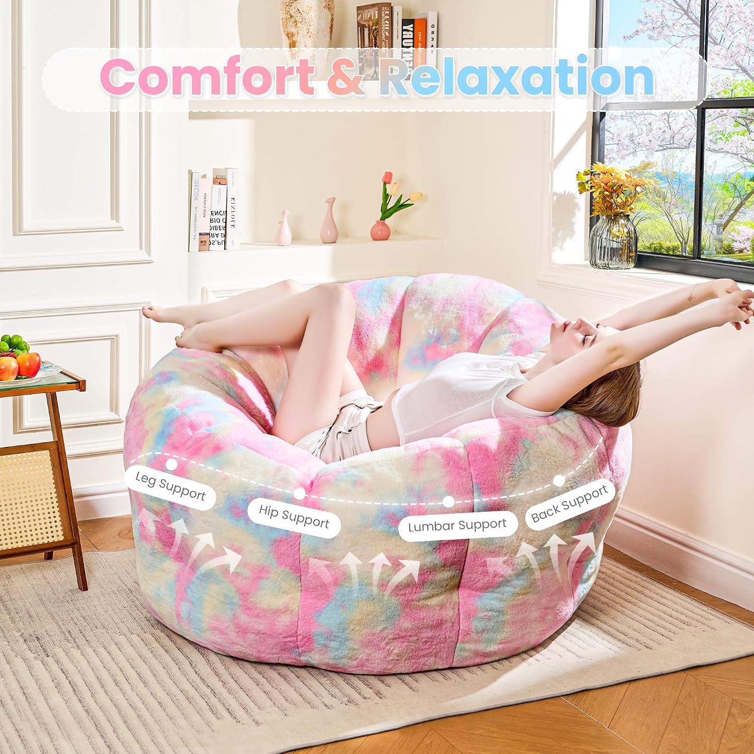 Tie-Dye Flower Floor Lounger, 3.5 ft Plush Memory Foam Bean Bag Chair for Teens, Fluffy Aesthetic Room Decor and Cozy Seating for Teen Bedroom and Dorm, Pink
