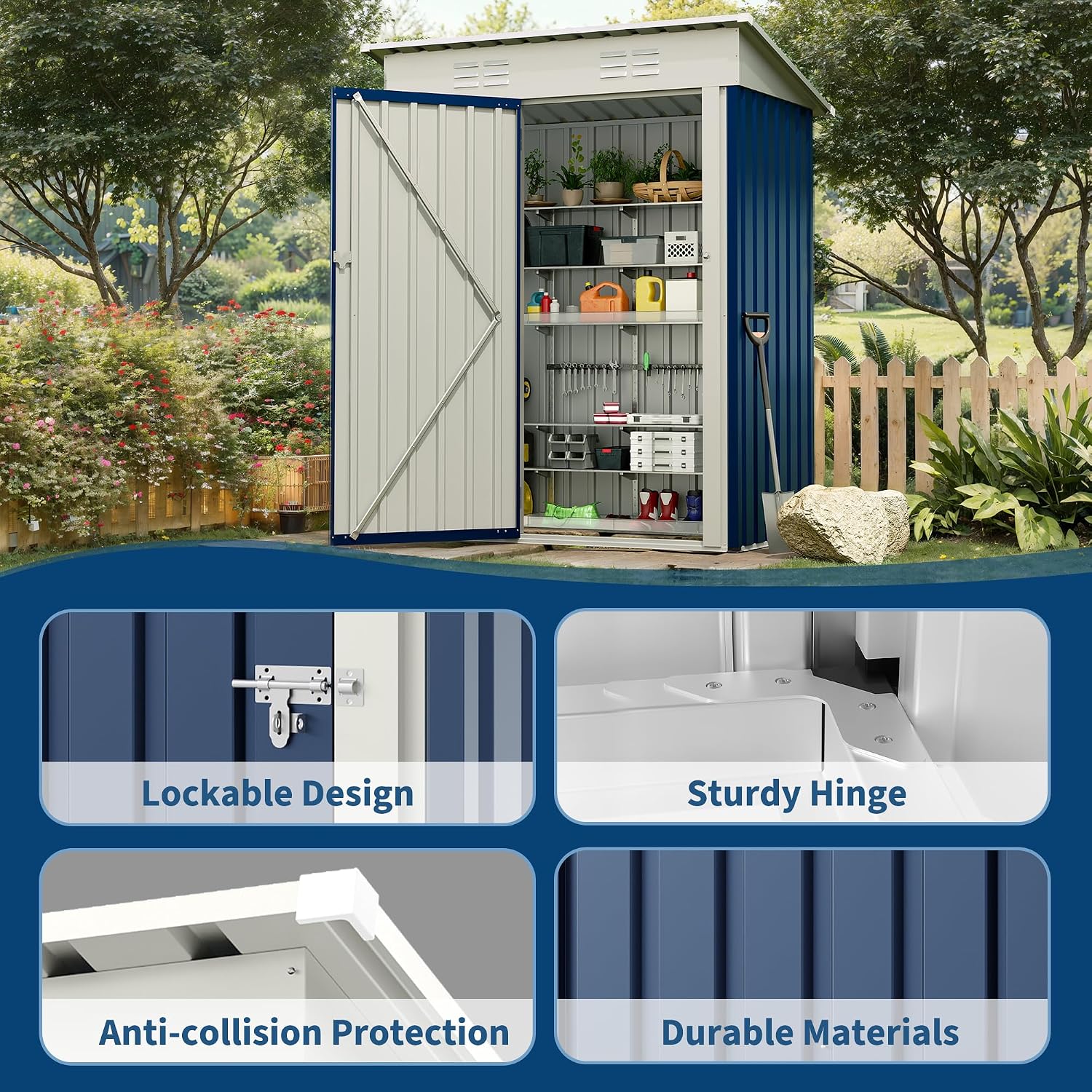 Garvee Metal Tool Shed with Single Door - Slanted Roof, Small Size, 5x3FT, Garden Storage, Outdoor Iron Tool Storage