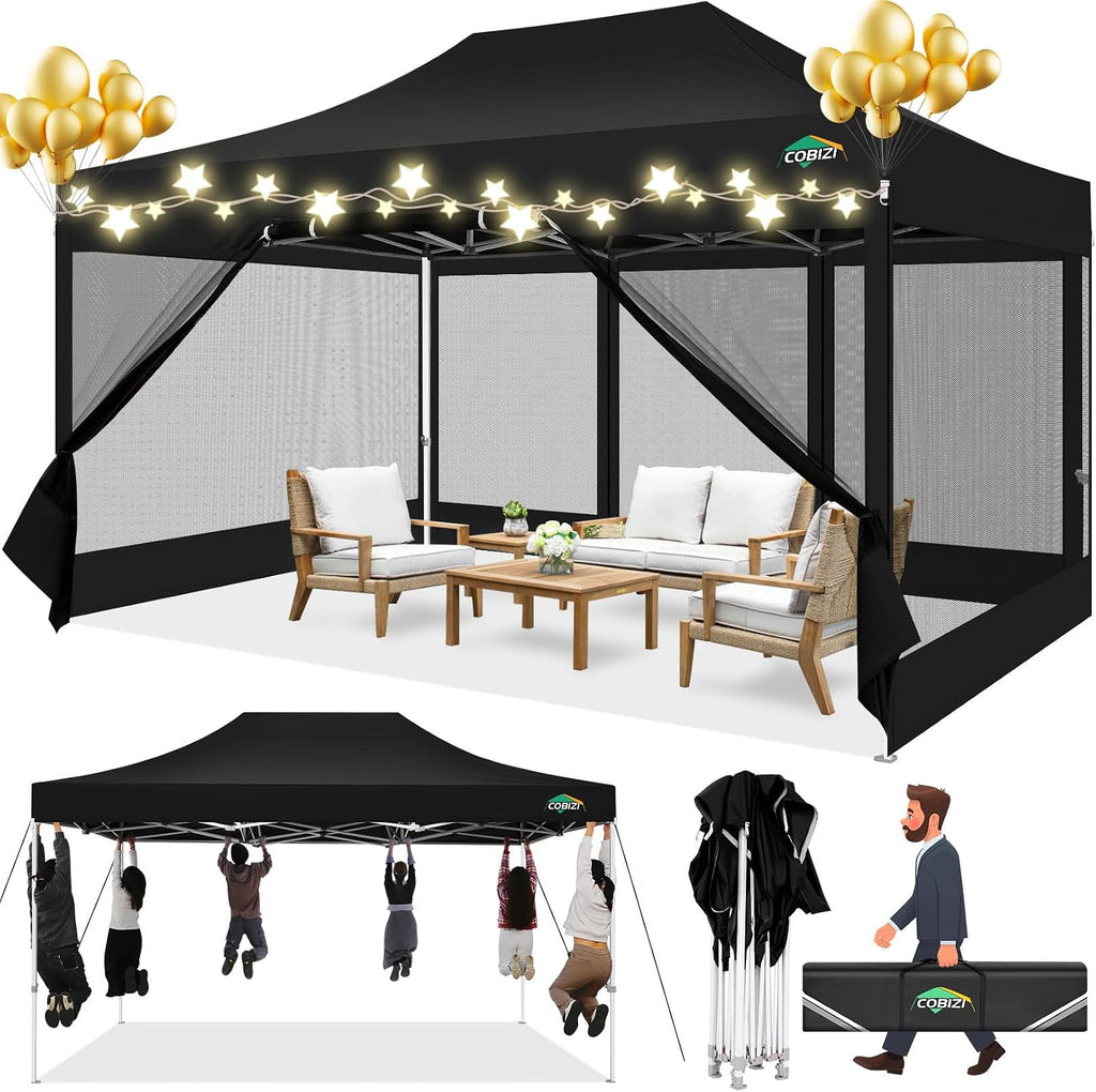 COBIZI 10x15 Canopy Tent with 4 Sidewalls,Heavy Duty Pop up Canopy with Mosquito Netting,Easy up Screen Tent for Parties Wedding Patio with Handbag,Black
