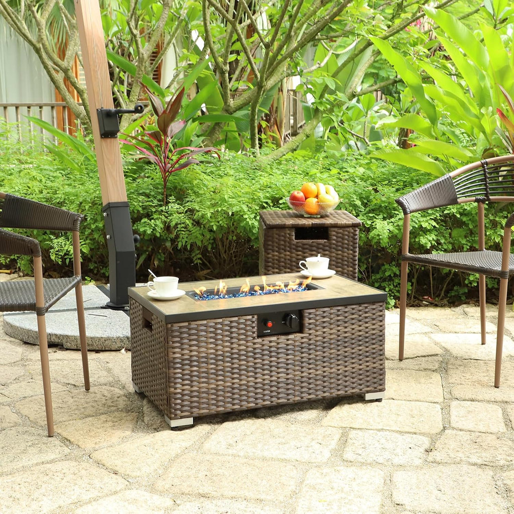 2-Piece Rattan Wicker Propane Fire Pit Table w/Tank Holder, Handmade 32-inch Gas Fire Pits for Outside Patio, Ceramic Tabletop with Steel Lid, Lava Rocks 40,000 BTU Rectangle (Brown)