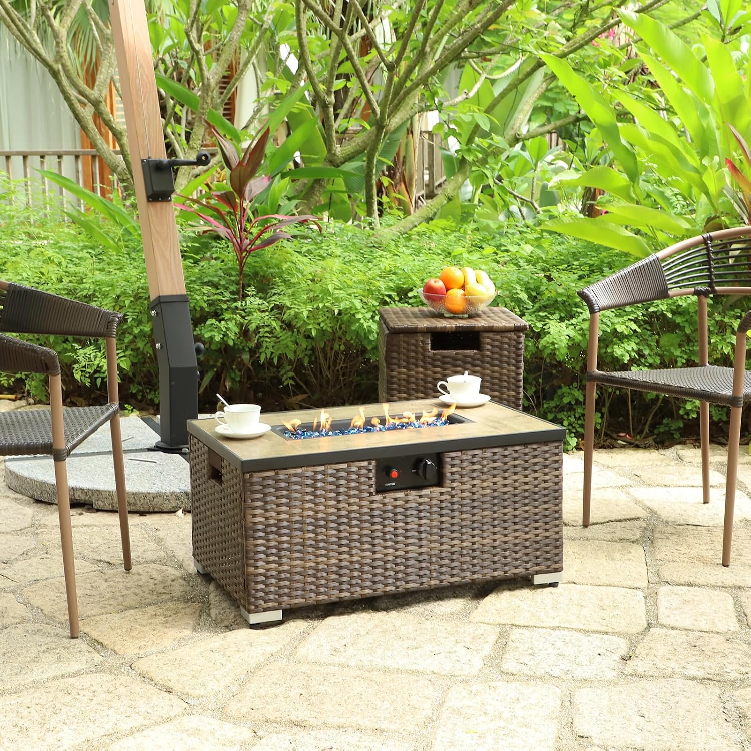 2-Piece Rattan Wicker Propane Fire Pit Table w/Tank Holder, Handmade 32-inch Gas Fire Pits for Outside Patio, Ceramic Tabletop with Steel Lid, Lava Rocks 40,000 BTU Rectangle (Brown)