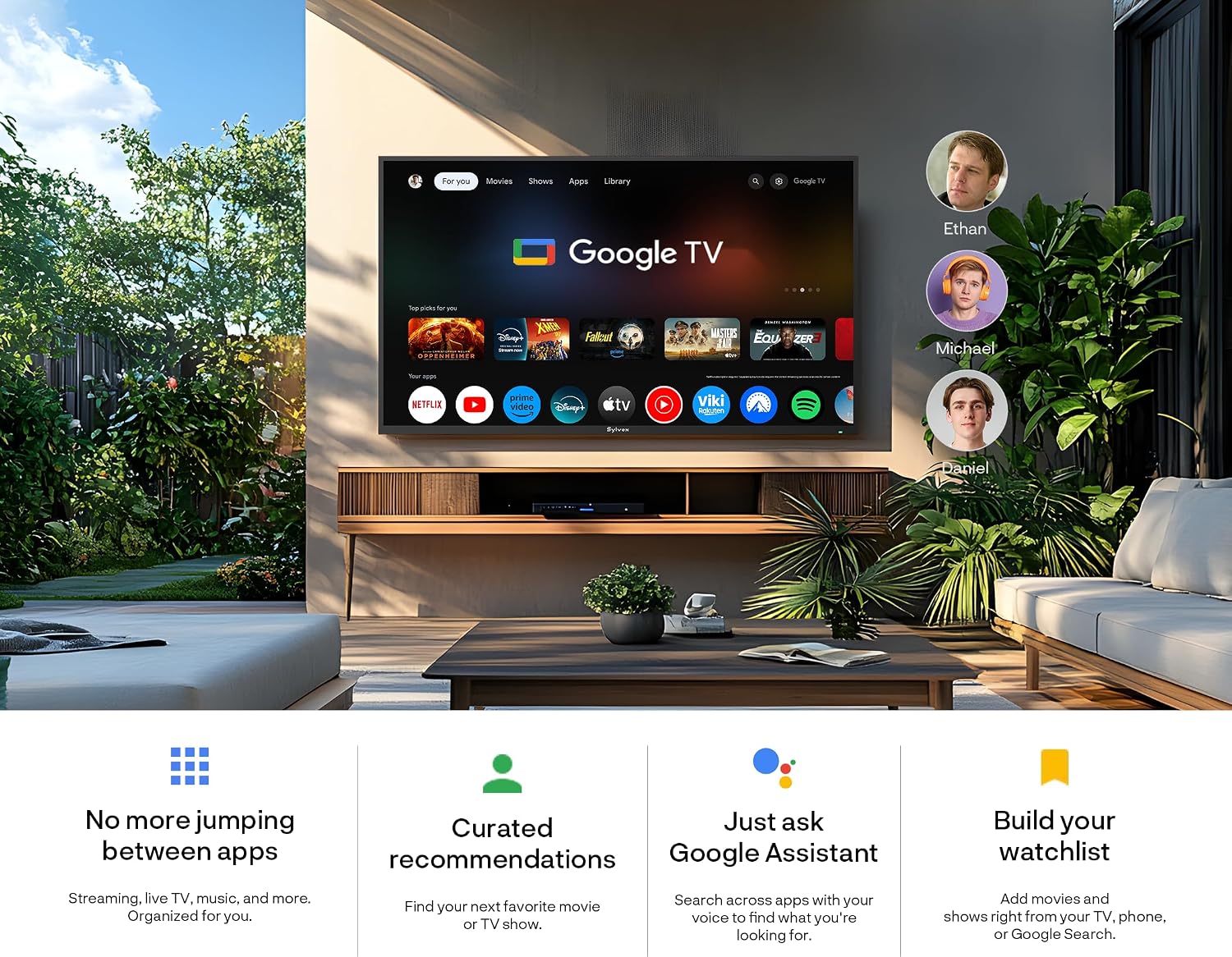 SYLVOX Outdoor TV with Rolling Stand & Soundbar, 75 inch 120Hz 4K Smart TVs, Weatherproof & IP55 Waterproof, Compatible with Google & Dolby Atmos, HDMI 2.1 & USB 3.0, 1000 Nits Outside TV for Gaming