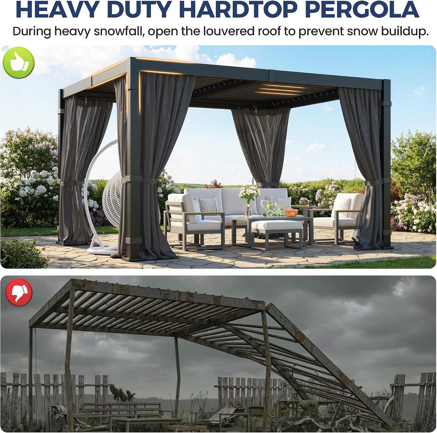 10' x 12' Louvered Pergola, Outdoor Pergola with Metal Adjustable Louvered Roof & Gutter System, Hardtop Patio Gazebo for Backyard, Patio, Garden, Dark Gray