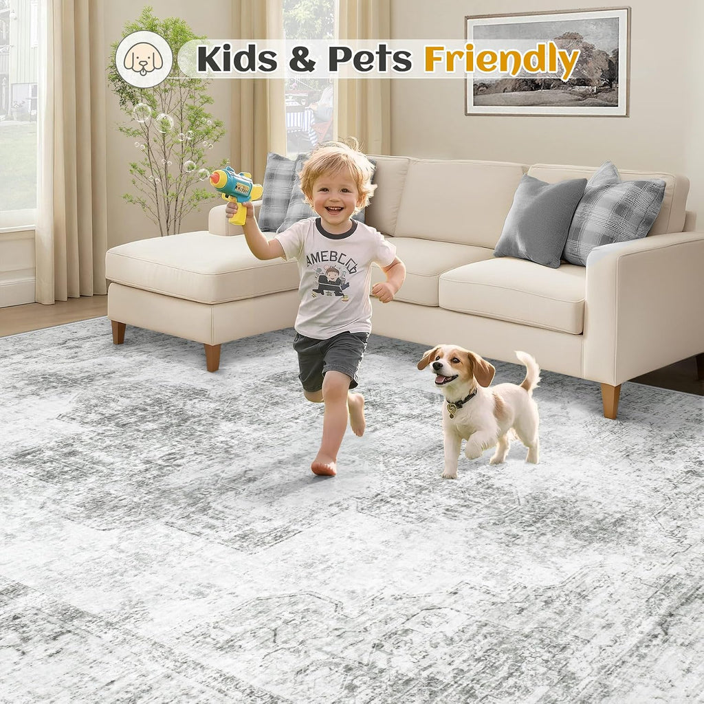 9x12 Area Rug for Living Room, Washable Vintage Boho Medallion Rugs Soft Non Slip Large Area Rug Stain Resistant Indoor Retro Carpet for Bedroom Nursery Kids Dining Room Home Office(Grey, 9'x12')