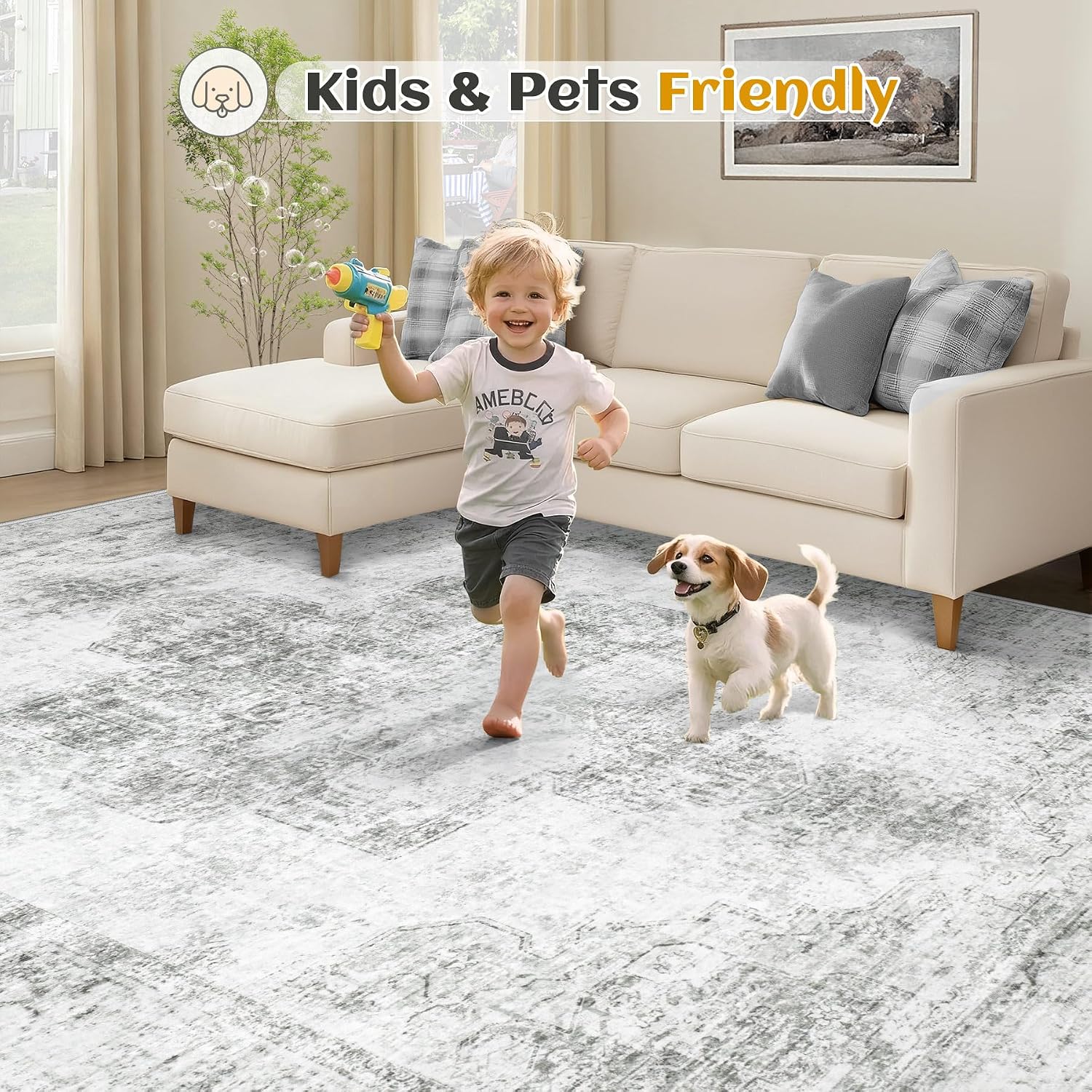 9x12 Area Rug for Living Room, Washable Vintage Boho Medallion Rugs Soft Non Slip Large Area Rug Stain Resistant Indoor Retro Carpet for Bedroom Nursery Kids Dining Room Home Office(Grey, 9'x12')