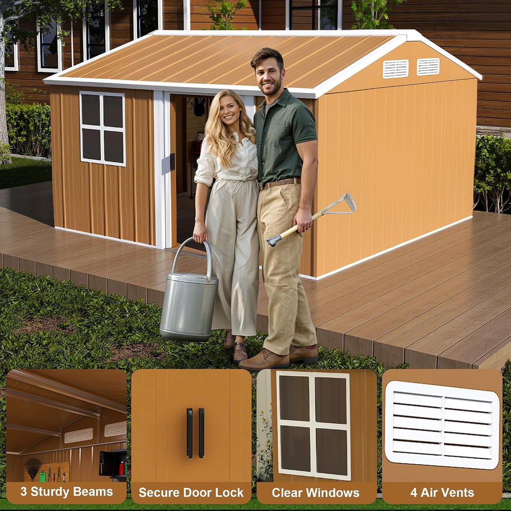 10x12 Outdoor Storage Shed, Heavy Duty Metal Shed, Lockable Garden Sheds with Sliding Door, Window and Airflow Design, Waterproof Steel Tool Sheds & Outdoor Storage for Backyard