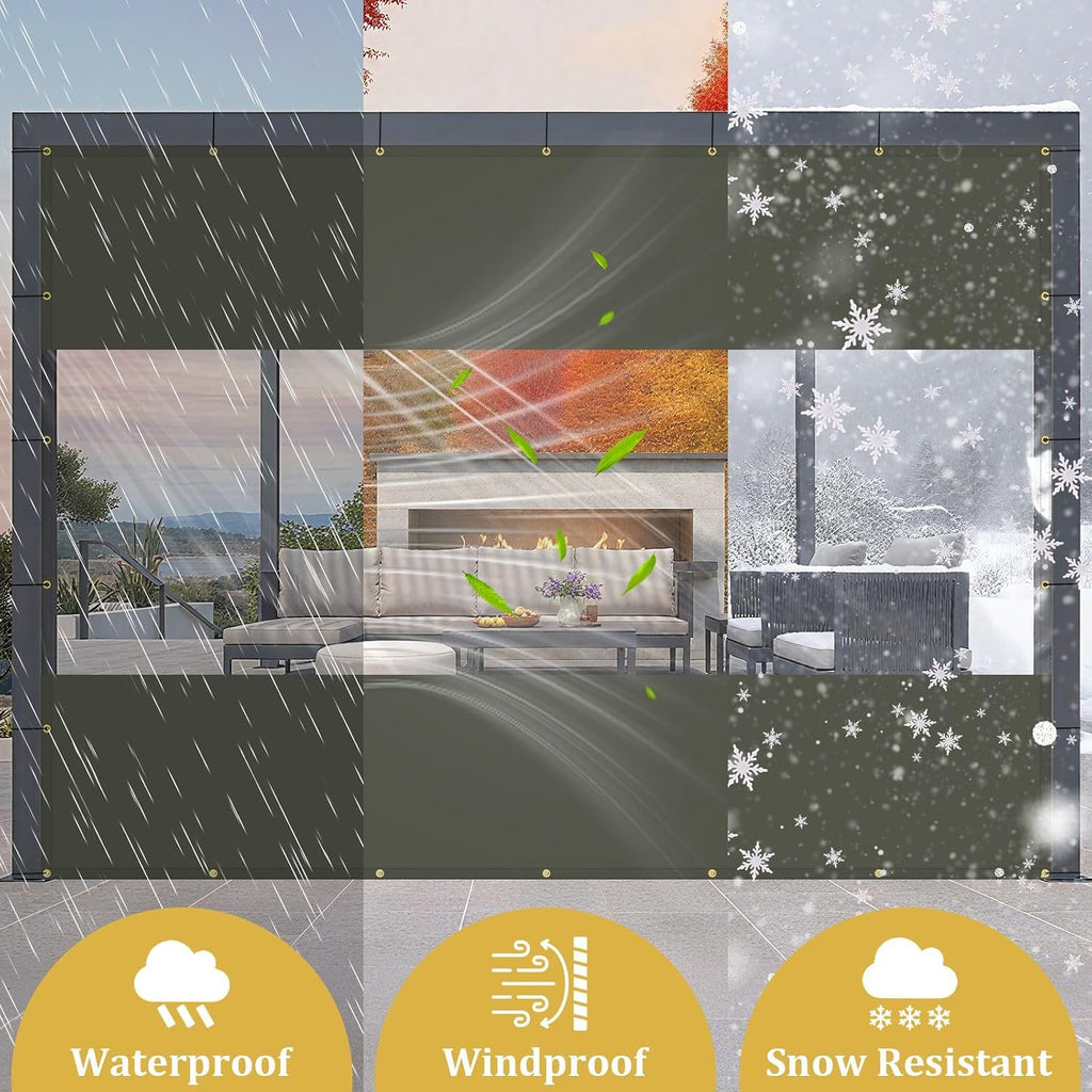 Shade&Beyond Outdoor Vinyl Curtain, 12'W x 16'L Heavy Duty Clear Tarp with Grommets Waterproof, Privacy Clear Panel UV-Resistant for Pergola Gazebos Porch Enclosure Patio(Customized Size, Gray)
