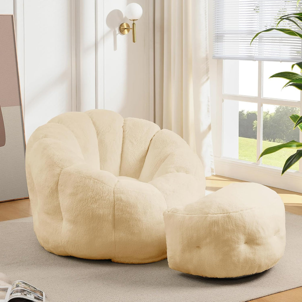 Bean Bag Chair with Ottoman, Beige Flower Bean Bag Chairs for Adults and Teens, Comfy Plush Faux Fur Reading Chair for Living Room, Bedroom, Apartment, Dorm