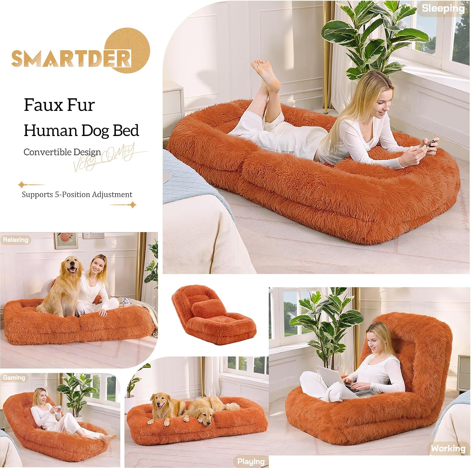Adjustable Plush Human Dog Bed Lounger for Adult, 5-Position Foldable Lazy Lounge Sofa, Large Size Bean Bag Chair with Pillow, Folding Floor Chair for Living Room, Bedroom, Gaming Room, Orange