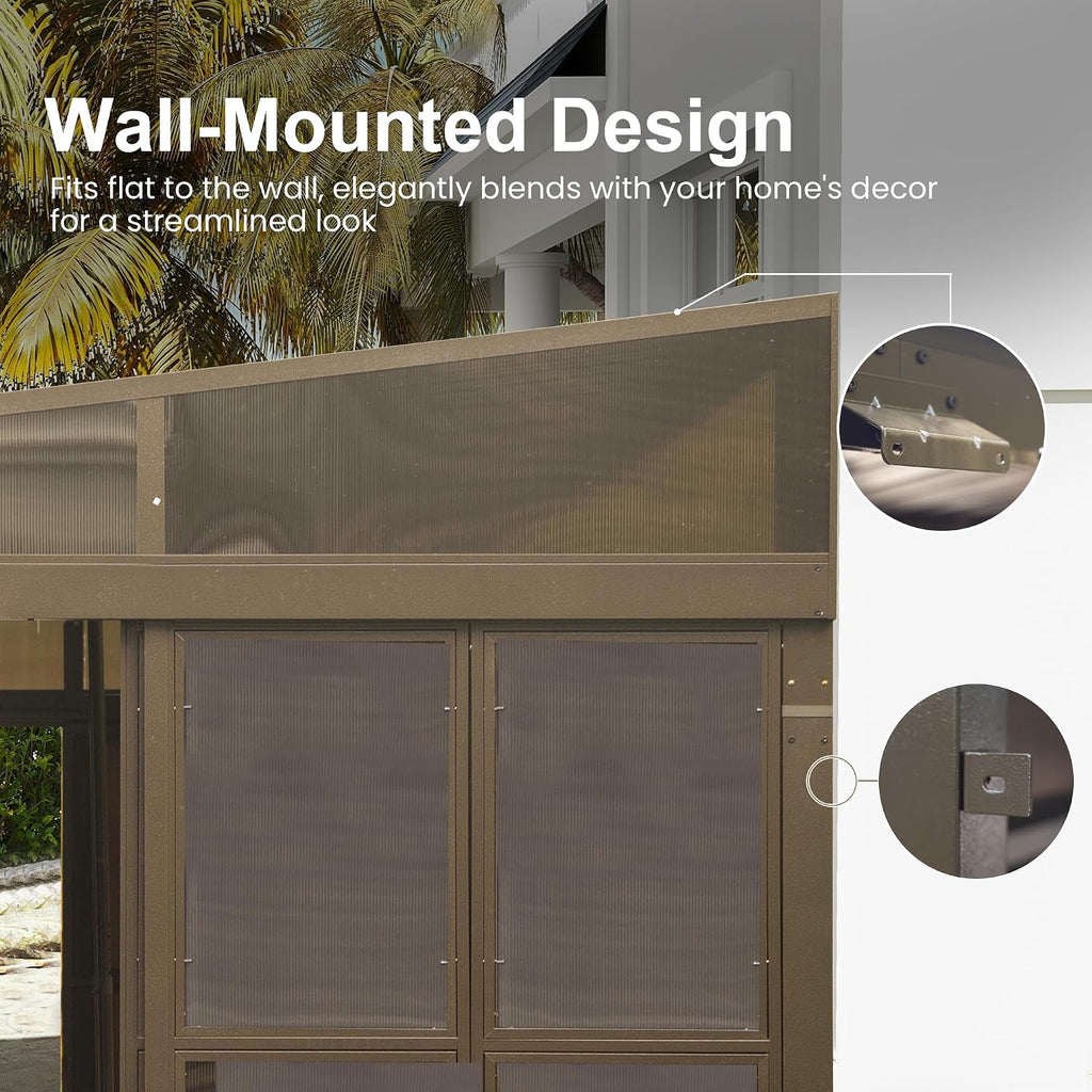 Domi 12x14FT Wall Mounted Sunroom, Against Wall Solarium with Galvanized Steel Sloping Roof, Detachable PVC Screen, Lockable Sliding Front and Side Doors, Lean-to Gazebo Sun Room for Deck Patio