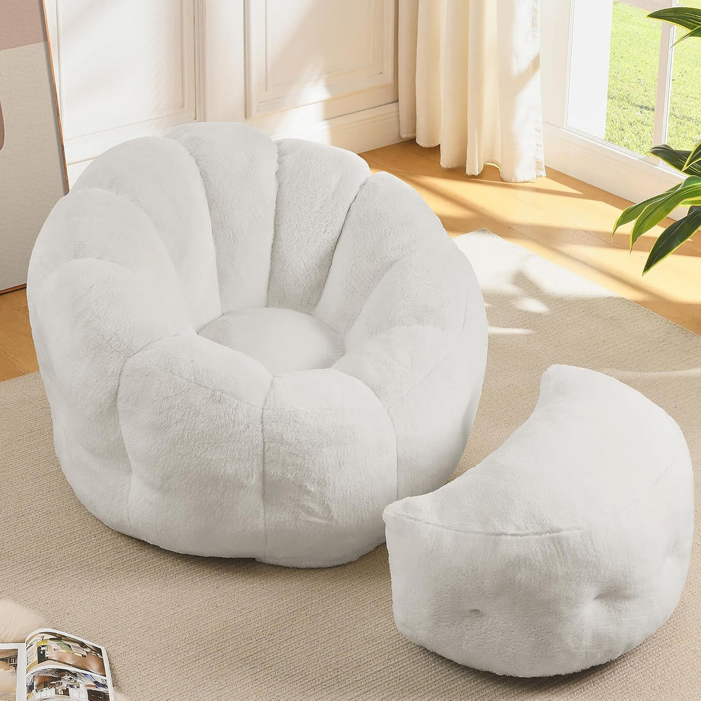 Bean Bag Chair with Ottoman, Flower Shape Bean Bag Chairs for Adults and Teens, Comfy Plush Faux Fur Bean Bags for Living Room, Bedroom, Apartment, Dorm, White