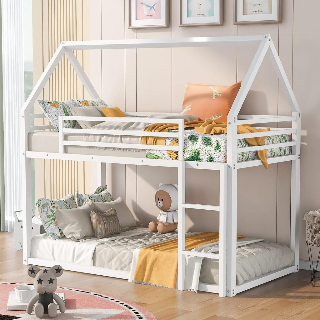 SOFTSEA Junior's Metal Twin Over Twin Bunk Bed Low House Bunk Beds for Kids