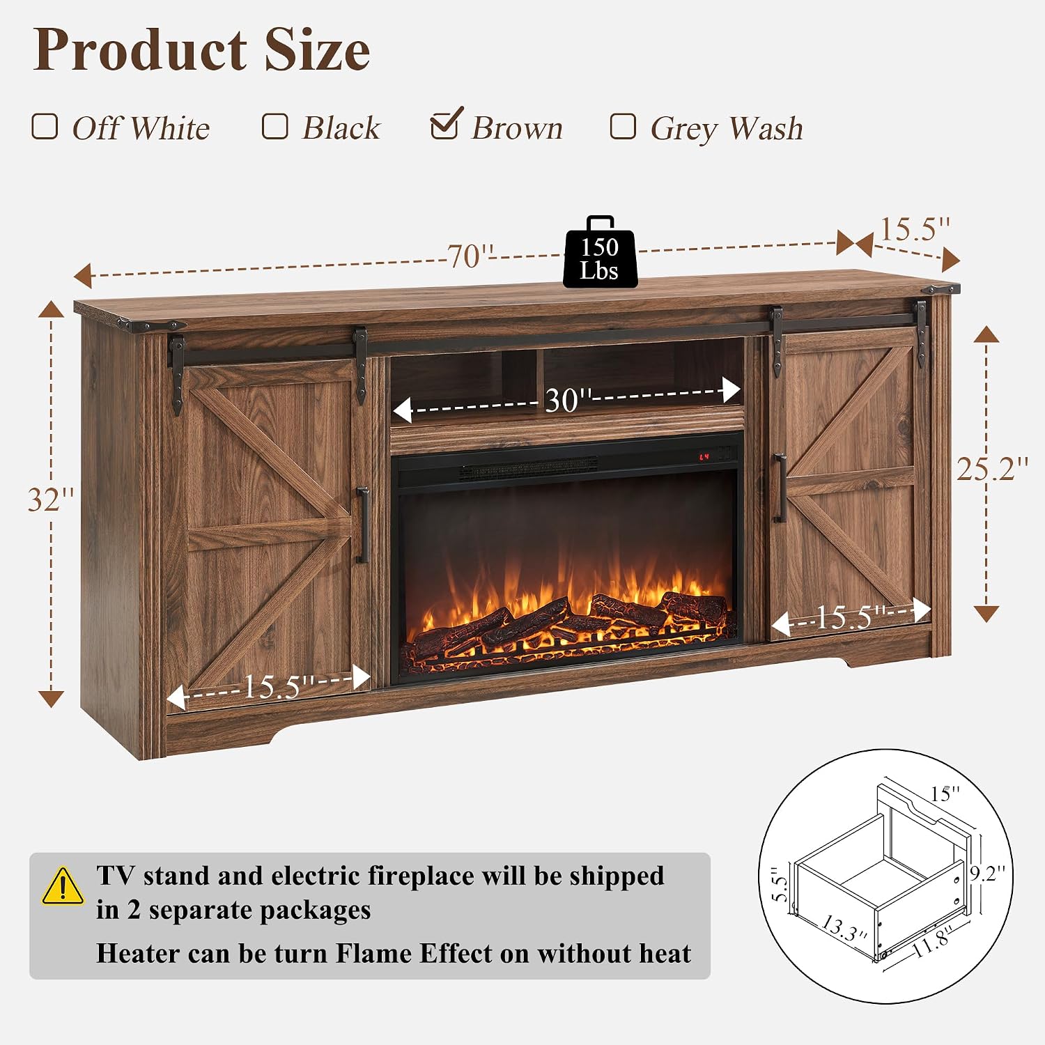 JXQTLINGMU Farmhouse Fireplace TV Stand for 80 Inch TV, 32' Tall Entertainment Center w/Drawer & Sliding Barn Door, 70 Inch Highboy Media Console for Living Room, Brown