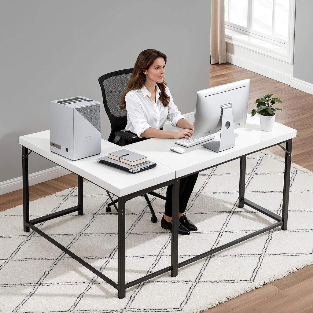 ivinta L Shaped Desk, Modern Corner Home Office Computer Desk with 2' Thicker Desktop for Study Work, Simple Reversible Worksation with Metal Frame for Bedroom Living Room Novas (White)
