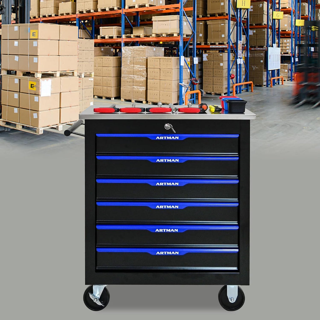 6-Drawer Heavy-Duty Rolling Steel Tool Cart with Handle&Wheels, Metal Storage Organizer Cabinet, Tool Chest for Efficient Tool Storage in Garage, Warehouse, Workshop, Repair Shop, Blue