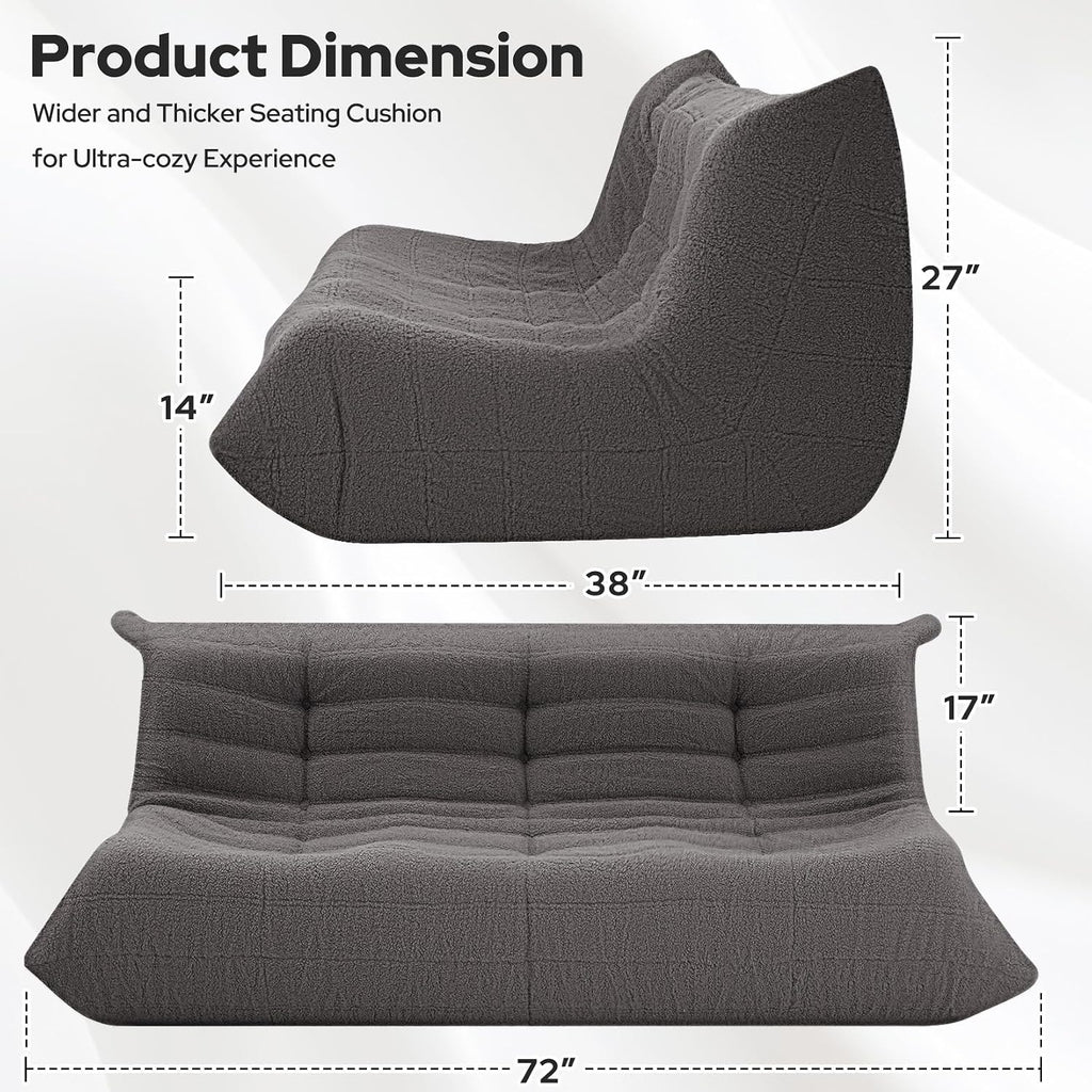 HABUTWAY Bean Bag Chairs Fireside Lazy Floor Sofa, Soft Teddy Fleece 3 Seater Sofa with High-Resilience Foam Filling，Beanbag for Living Room, Bedroom, Office (Dark Grey Teddy)
