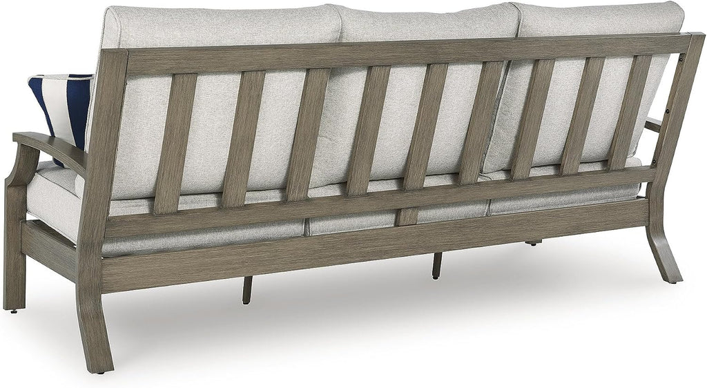 Signature Design by Ashley Rainier Ranch Casual Nuvella Weather Resistant Fabric, Outdoor Sofa with Cushion and 4 Accent Pillows, Light Brown & Light Gray
