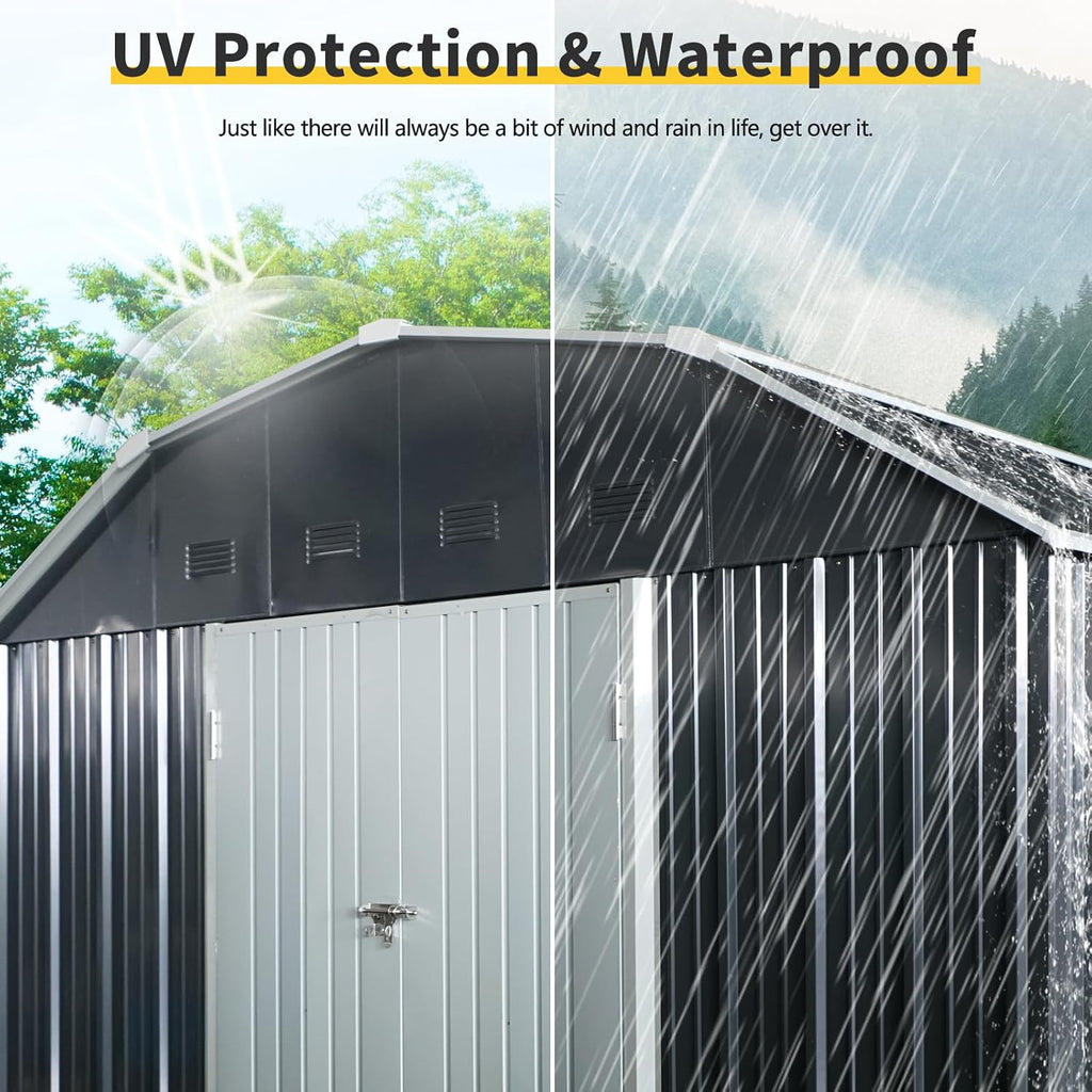 Outdoor Metal Storage Shed, Black, Iron Construction, 10x12 ft, Arch Roof Design, Lockable Double Doors, Ventilated, for Backyard Garden Storage