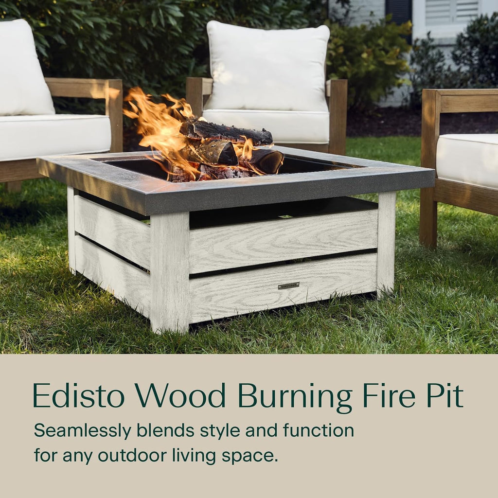 Honeycomb Outdoor Edisto Wood Burning Fire Pit with Cover and Poker, White Frame with Wood Grain Finish, Ceramic Tile Tabletop
