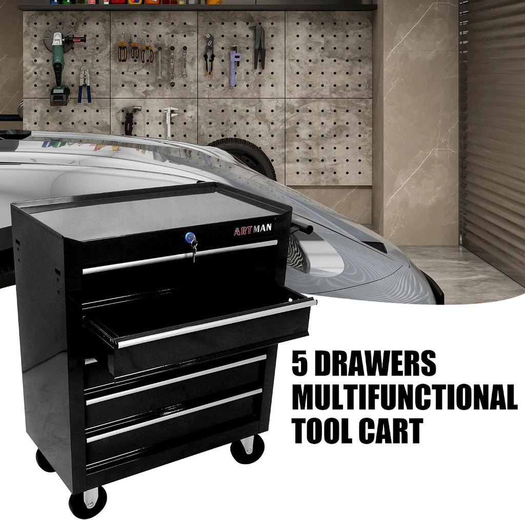 Rolling Tool Chest, 5-Drawer Tool Cabinet with Wheels, Heavy-Duty Steel Tool Storage Cabinet, Lockable Tool Box on Wheels for Garage & Workshop, Black