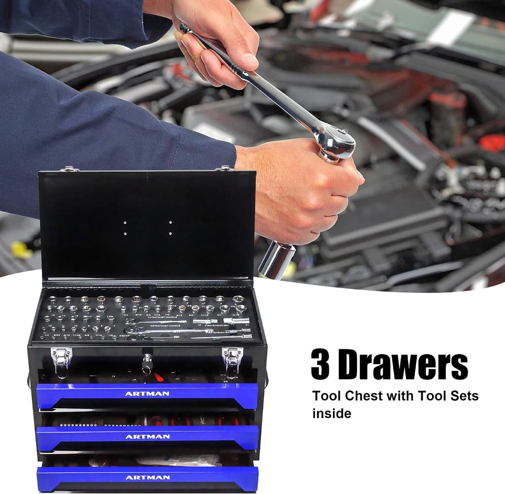 439-Piece Mechanic Tool Set in Heavy-Duty 3-Drawer Steel Box with 4-Tier Socket, Wrenches & Pliers. Portable Household Tool Kit Organizer Case for Auto Repair, Garage, Workshop. Blue