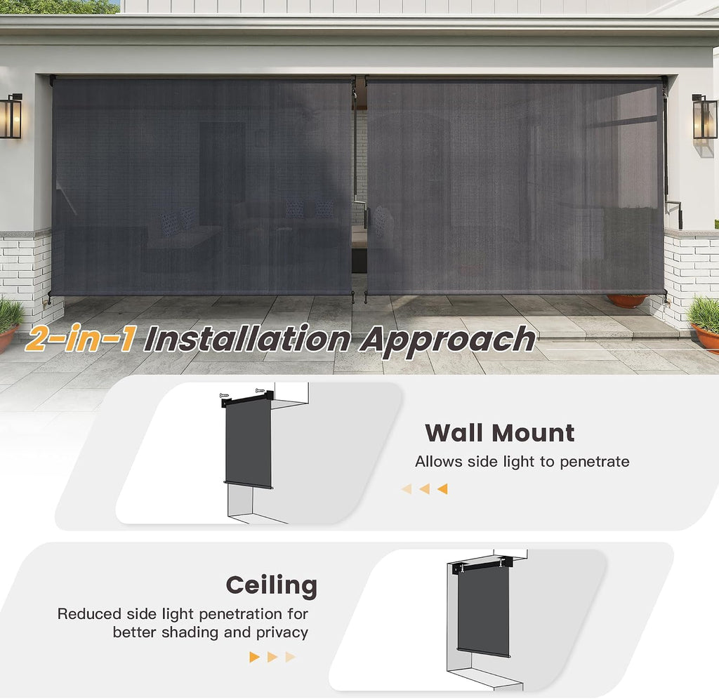 VICLLAX Outdoor Roller Shade Fabric for Porch Gazebo, Patio Cordless Blinds Roll Up Shade (9' W X 8' L), Anthracite Grey