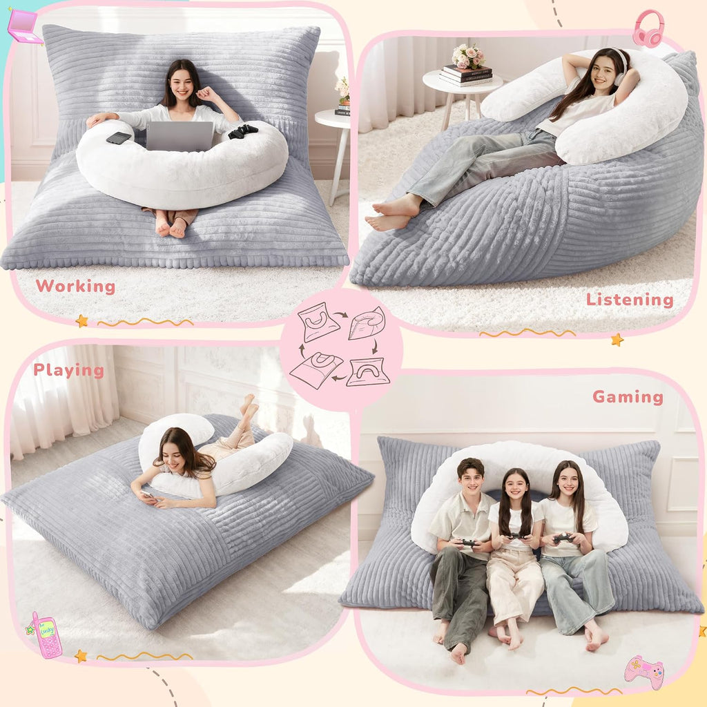 Homguava Giant Bean Bag Chair for Adults with Pillow, 4 in 1 Convertible Floor Cushion for Adluts, Memory Foamed Bean Bag Lounger with Washable Cover for Living Room, Bedroom