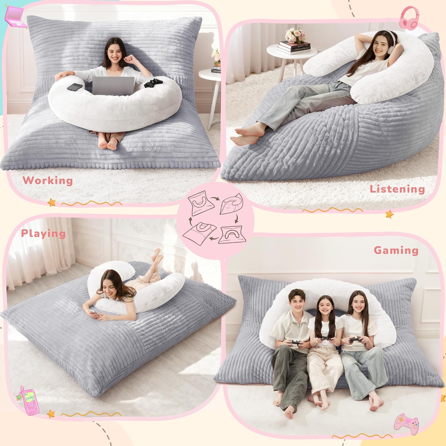 Homguava Giant Bean Bag Chair for Adults with Pillow, 4 in 1 Convertible Floor Cushion for Adluts, Memory Foamed Bean Bag Lounger with Washable Cover for Living Room, Bedroom
