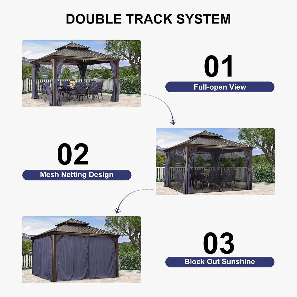 PURPLE LEAF 12' X 12' Hardtop Gazebo Canopy with Netting and Curtains for Outdoor Hot Tub Heavy Duty Backyard Sunshade Deck Metal Roof Patio Permanent Pavilion, Navy Blue
