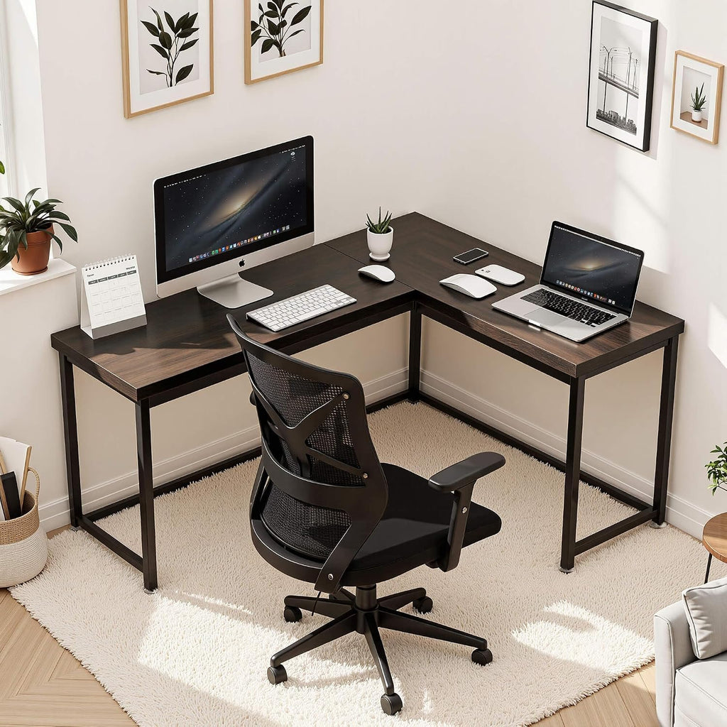 ivinta L Shaped Desk, Modern Corner Home Office Computer Desk with 2' Thicker Desktop for Study Work, Simple Reversible Worksation with Metal Frame for Bedroom Living Room Novas (Brown)