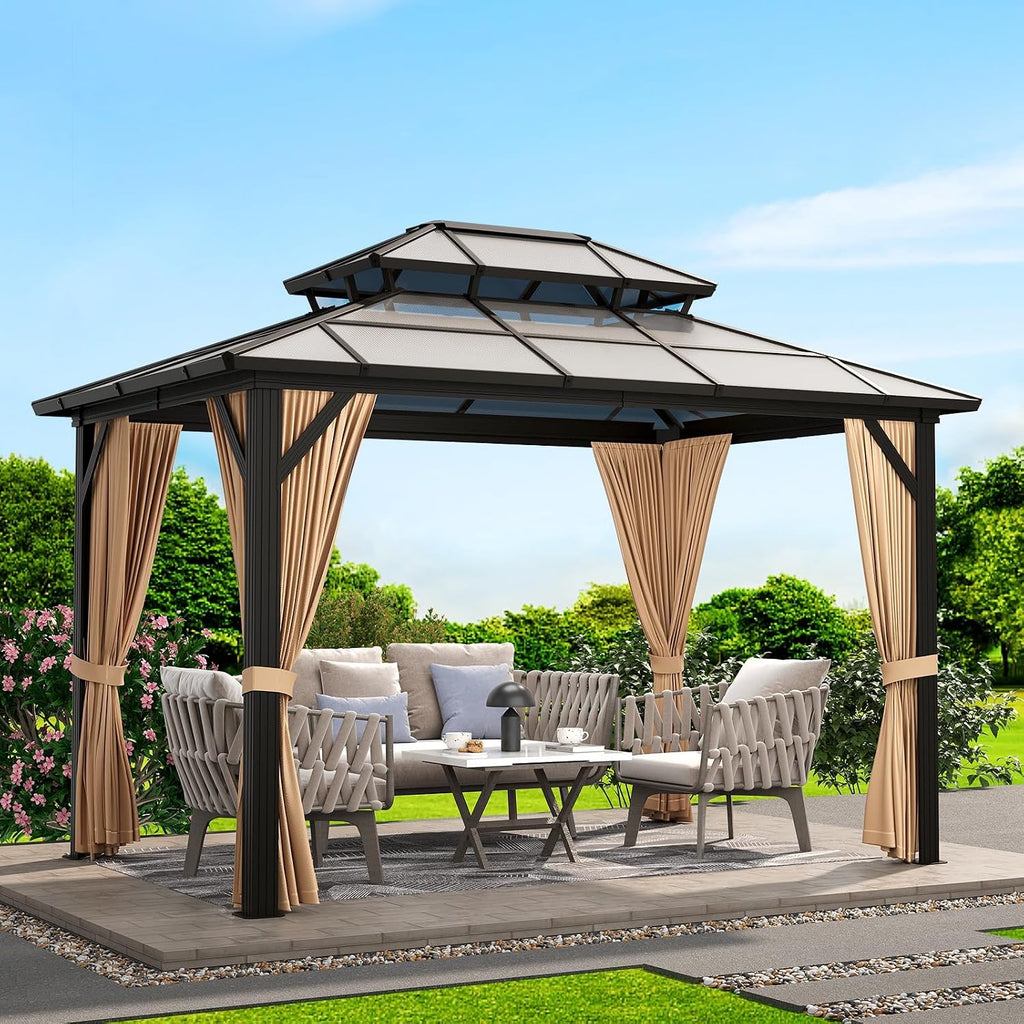 12'x10' Aluminum Permanent Hardtop Gazebo with Double Roof, Includes Removable Curtains & Mosquito Netting for Patio, Garden, and Backyard Use