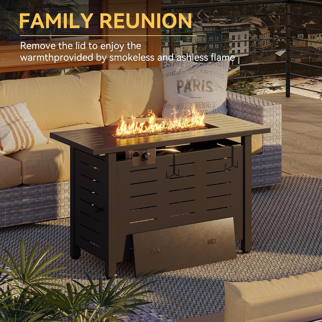 Aoxun 40 Inch Outdoor Propane Fire Pit - 50,000 BTU Gas Fire Pit Table with Lava Rocks, Patio Heater Rectangle Fire Table with Removable Lid & Waterproof Cover for Deck, Backyard, Garden, Black